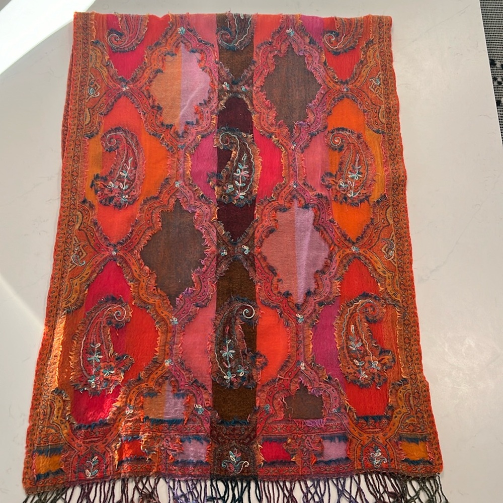 EUC Anthropologie Multicolor Embroidered Scarf Viscose/wool, 25 1/2 “ x 67 “